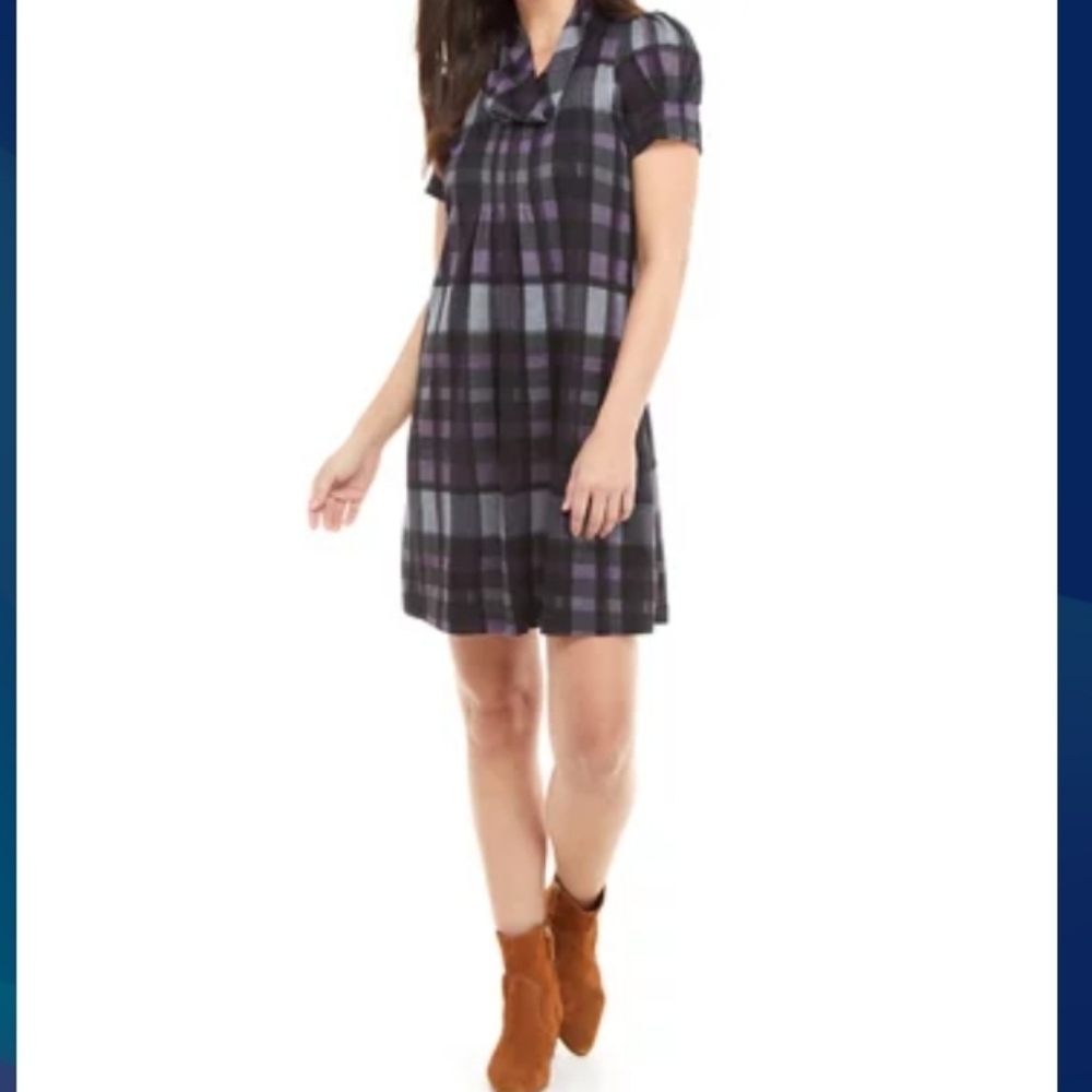 Jessica Howard (Size M) Plaid Puff Sleeve Cowl Neck Pullover Sweater Dress